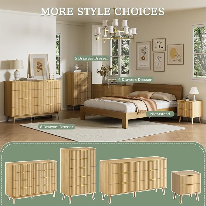 LYNSOM Fluted Dresser and Nightstand Sets 3 Piece, 6-Drawers Dresser and 1-Drawer Nightstands Set of 2, Wood Bedroom Furniture Set for Home, Bedroom, Hallway, Oak