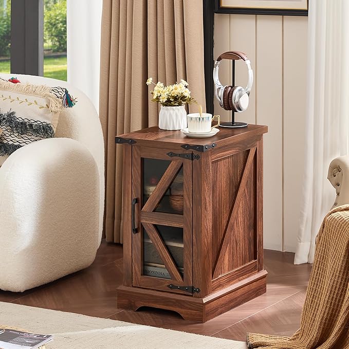 Farmhouse End Table Set 2, Narrow 18'' Night Stand with Glass Barn Door, 24" Square Side Table with Charger Station, Living Room Furniture Sets, Wood Nightstand Bedside Tables for Bedroom