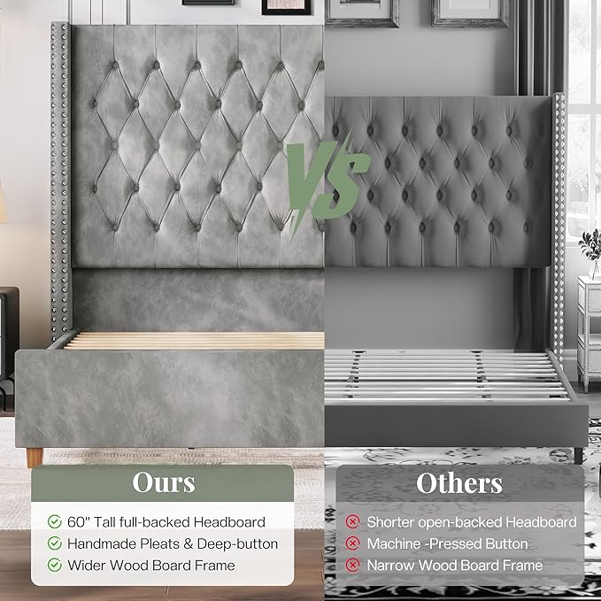 Jocisland King Size Bed Frame with 61.4" Tall Headboard, Velvet Upholstered Wingback Platform Design, Handcrafted Pleats& Deep Button Tufted, Solid Wood Legs, No Box Spring Needed, Gray