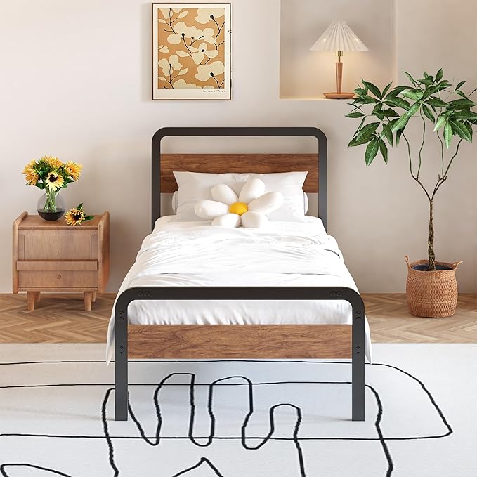 12 Inch Twin Bed Frames with Wooden Headboard and Footboard, No Box Spring Needed, Heavy Duty Metal Mattress Foundation, Noise Free, Easy Assembly, Black