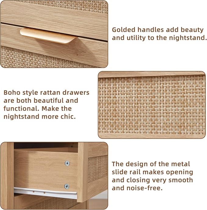 LEYAOYAO 31.5" Wide Rattan Night Stand with Charger Station, Oversized Large Boho Nightstand with 2 Drawer, Natural Wood Bed Side End Tables, Tall Bedside Table for Bedroom Living Room, Hallway