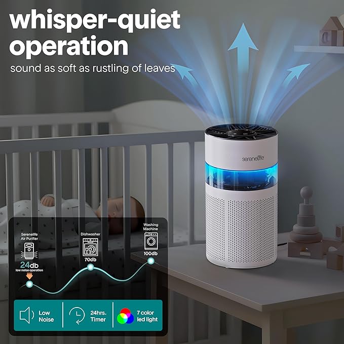 SereneLife Portable Air Purifier | Small Air Purifier For Home, Allergies, Pet Hair & Bedrooms | Filter Change Reminder & Aroma Box | Filtration Removes Dust, & Smoke Odor | Timer & Sleep Mode | White