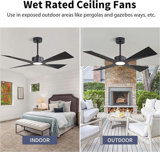 WINGBO 64" Wet Rated Outdoor Ceiling Fan with Lights, 4 ABS Plastic Blades, Reversible DC Motor, 6-Speed Remote Control, 3 CCT, Waterproof Ceiling Fan for Patio Porch Gazebo Garage, Matte Black
