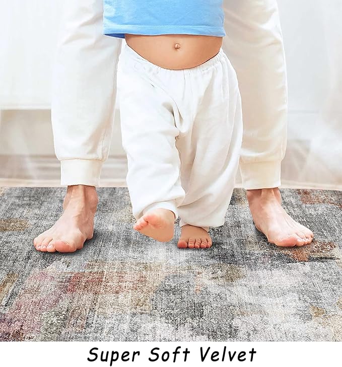 vivorug Washable Rug, Ultra Soft Area Rug 4x6, Non Slip Abstract Small Rug, Stain Resistant Rugs for Living Room Bedroom, Modern Fluffy (Gray/Rust, 4'x6')