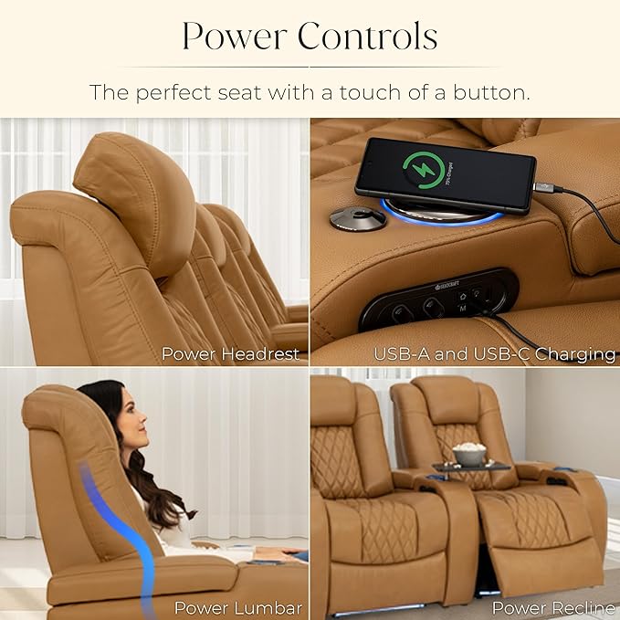 Seatcraft Diamante Zero-Gravity CoolZero Italian Leather Home Theater Seating, Power Headrest, Power Recline, Row of 5 Left Loveseat, Tan Oak
