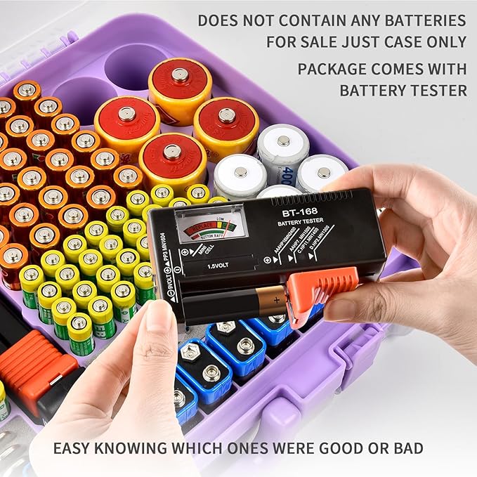 Aptbyte Battery Organizer Storage Holder Box Case with Tester- 269 Batteries Double-Sided Variety Pack, Holds AA AAA 4A C D Cell 9V 3V Lithium LR44 CR2 CR123 CR1632 18650 Button- Purple (Box Only)