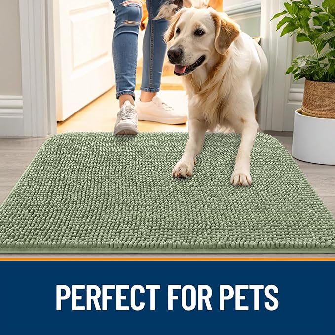 OLANLY Dog Door Mat for Muddy Paws 59x24, Absorbs Moisture and Dirt, Absorbent Non-Slip Washable Doormat, Quick Dry Chenille Mud Mat for Dogs, Entry Indoor Entryway Carpet for Inside Floor, Sage Green