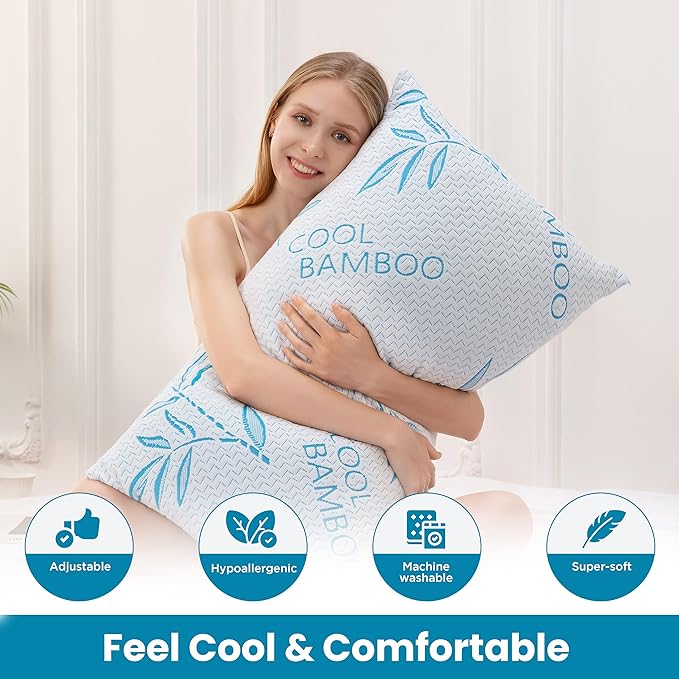 Queen Size 2 Pack Rayon Made from Bamboo Pillows for Sleeping, Cooling Shredded Memory Foam Adjustable Bed Pillow with, Removable/Washable Cover (Queen 2 Pack)