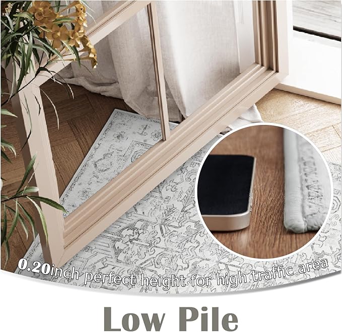 jinchan Lima Runner Rug 2x6 Washable Hallway Runner - Vintage Floral Non Slip Low-Pile Soft Ultra-Thin Kitchen Rug Distressed Carpet for Farmhouse Bedroom Entryway Laundry Room (2x6ft, Grey)