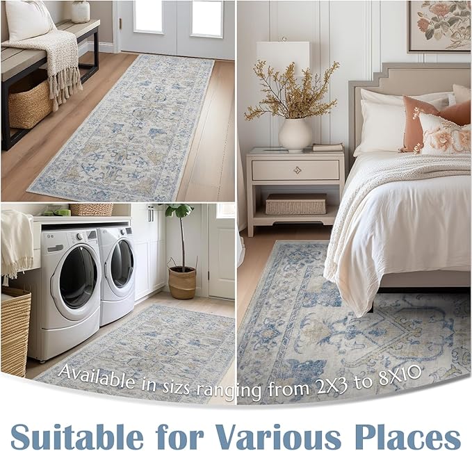 jinchan Hallway Runner Rug 3x10 Machine Washable - Vintage Floral Non-Slip Low-Pile Soft Ultra-Thin Faux Wool Kitchen Rug Distressed Carpet Runner for Farmhouse Bedroom Laundry Room (3x10ft, Blue)