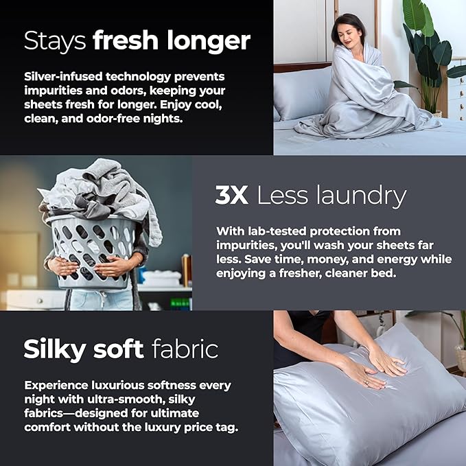 Silvery Silver Infused Bed Sheets Set - Award-Winning Self-Cooling Fabric with Self-Cleaning Silvery Technology™ That Stays Fresh 3X Longer for Hygienic Sleep (Gray, Twin)