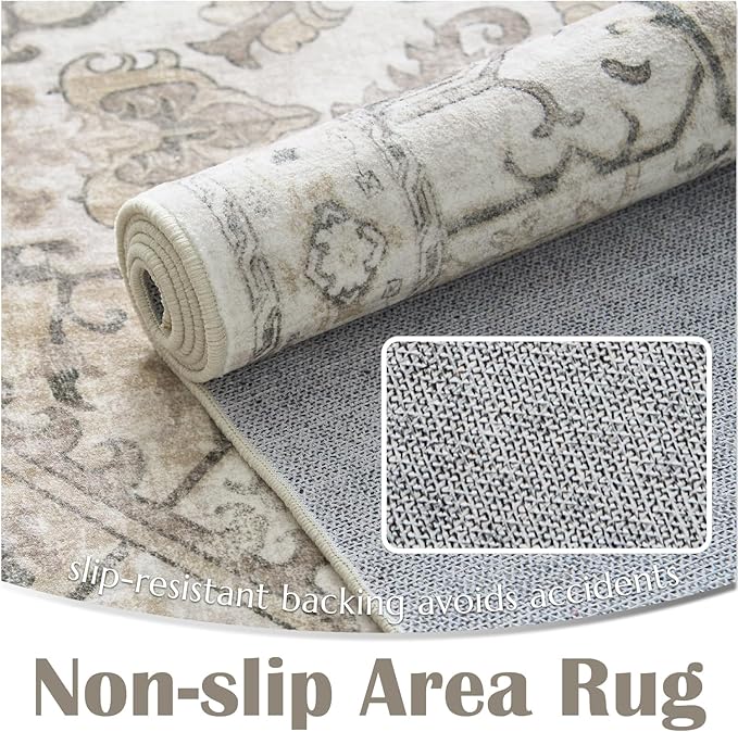 jinchan Hallway Runner Rug 3x8 Machine Washable - Vintage Floral Non-Slip Low-Pile Soft Ultra-Thin Faux Wool Kitchen Rug Distressed Carpet Runner for Farmhouse Bedroom Laundry Room (3x8ft, Taupe)