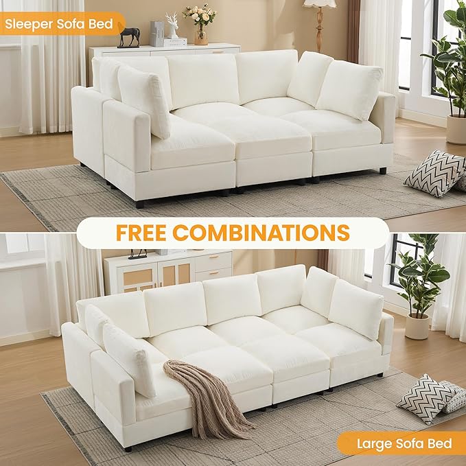 116'' Modular Sectional Cloud Sofa Bed, 8-Seater Convertible Sofa Couch with Ottoman, Modern Deep Seat Sleeper Sofa for Living Room, Chenille Beige