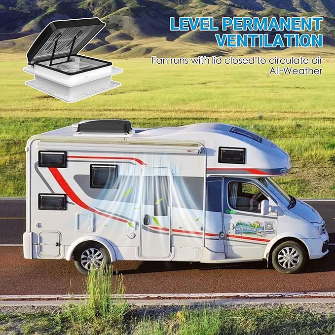 2012 14" RV Roof Vent Fan with LED Light, Air Max Reversible Exhaust Vent, Ultra Low Noise 12V - 24V Ceiling Fan with Remote and Rain Sensor for Camper, Trailer, Van, Motorhome Ventilation