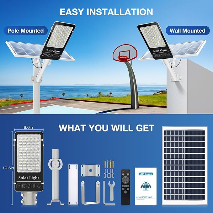 OKPRO 10000W Solar Street Light, Super Bright LED Beads Solar Lights Outdoor Waterproof IP66, Heavy Duty Parking Lot Light Commercial Dusk to Dawn,Flood Light with Remote Control for Yard, Driveway