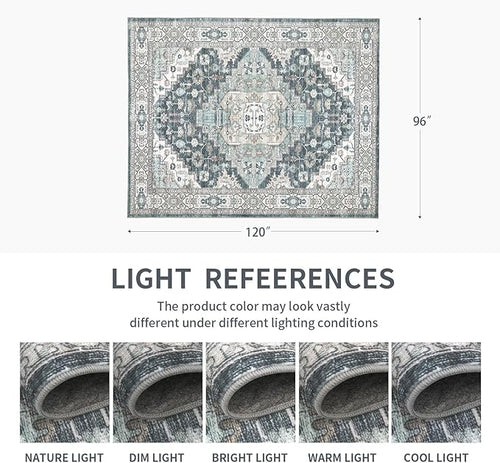 8x10 Vintage Washable Area Rug for Living Room,Low Pile Non Slip Carpet Non-Shedding Large Area Rug Soft Indoor Stain Resistant Rug Boho Print Mat for Bedroom Dining Room Blue Beige Multi