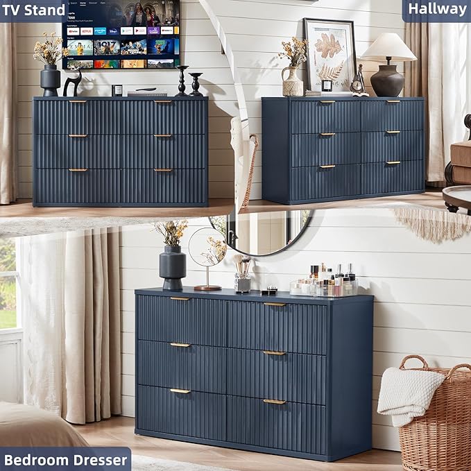 LEYAOYAO Fluted Dresser and Nightstand Sets, Wood 48" Wide Dresser & 23" Night Stand with Charging Station, 2 Piece Bedroom Furniture Set, Chest of Drawers for Bedroom, Home, Living Room,Nave Blue