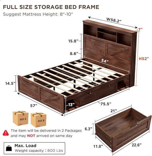 ACCOHOHO Farmhouse Full Size Bed Frame with 52" Tall Storage Headboard and LED Light,Wood Platform Bed Frame with 4 Drawers and Charging Station,Solid Wood Slats Support,No Box Spring Needed,Brown