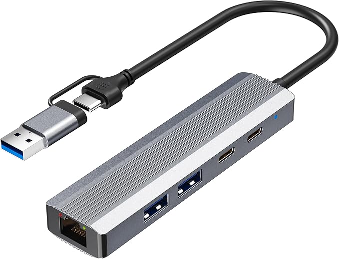USB Hub with Ethernet, USB C to Ethernet Adapter with 2X USB 3.0, USB C 3.0, Gigabit Rj45 Port, Plug and Play, Multiport Network Adapter for Laptop MacBook iPad XPS Windows