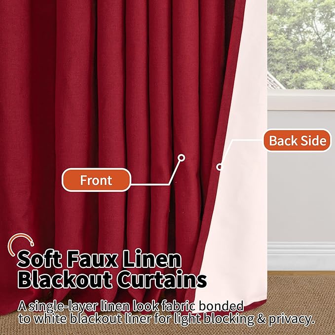 Red Christmas Linen Blackout Curtains 54 Inch Long 2 Panels, Cold Blocking Winter Thermal Insulated Curtains for Living Room Small Window Decor, Soundproof Curtains Each 52x54 Inch 2 Panels