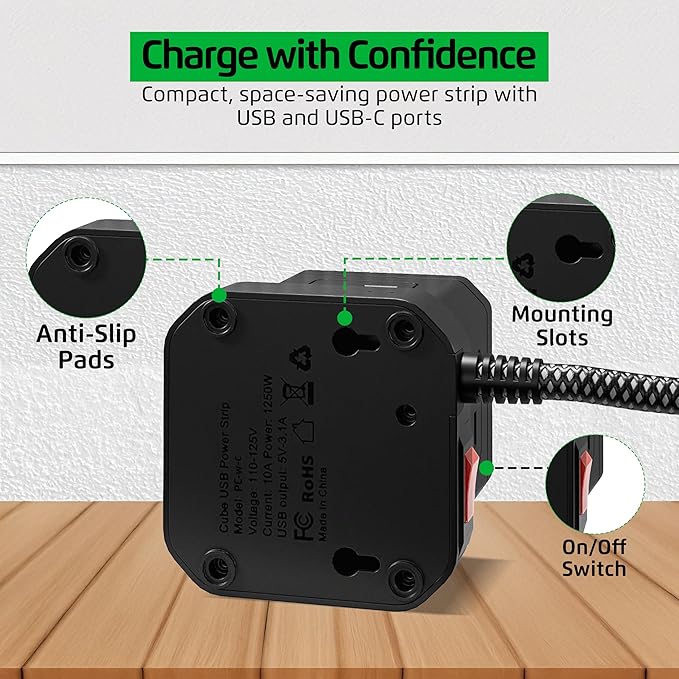 Cube Power Strips with Surge Protection, 10ft Extension Cord with Multiple Outlets, 5 AC Plugs, 3 USB, 1 Usbc Fast Charging Power Strip with USB Ports, Mountable On/Off Switch Charging Station