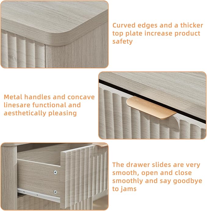 LEYAOYAO 23" Wide Fluted Farmhouse Night Stand Set of 2 with Charging Station, 3 Drawers Large End Table w/Metal Handle, LightGrey Nightstand Bedside Table,Wood Dresser for Bedroom, Closet