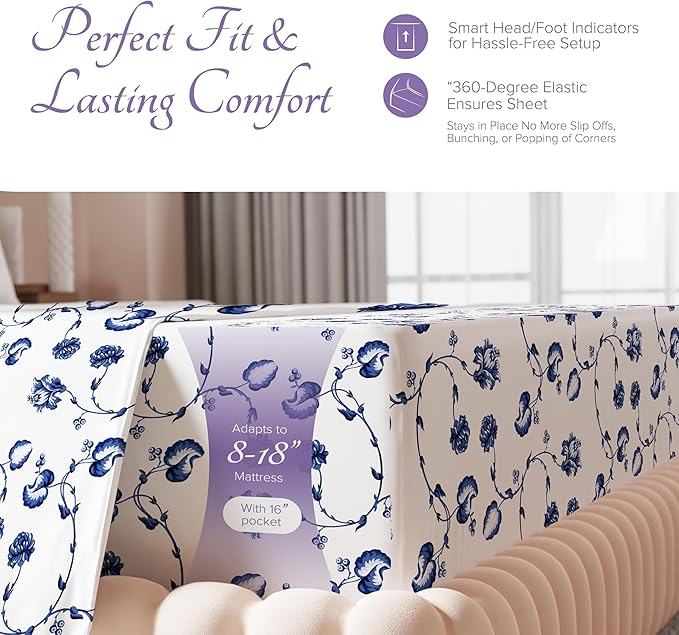 Carressa Linen Luxury Egyptian Cotton King Printed Sheet Set - 600 Thread Count Extra Long Staple 4 PC Set, Blossom Azure King Printed Sheets, Soft, Cooling Sateen Weave Sheets Upto 18 in Deep Pocket