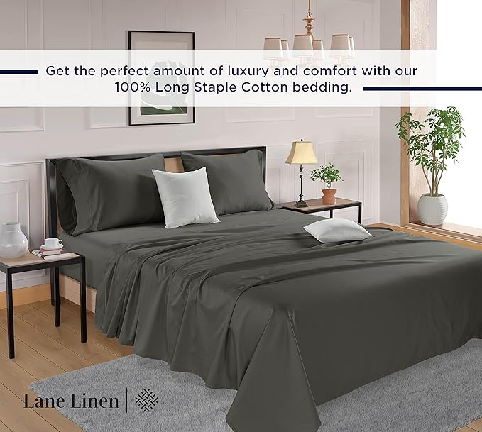 LANE LINEN 600 Thread Count 100% Mercerized Cotton Machine Wash Full Size Bed Sheets Set, Fully Elasticized Fitted Sheet, European Closure Pillow Cases, Z Hem Top Sheet, Soft & Comfy Sheets - Charcoal