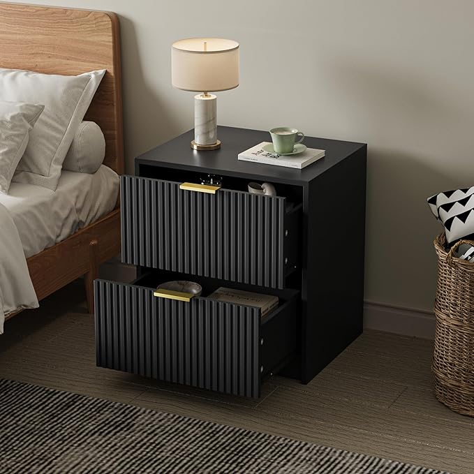 3-Piece Dresser Bedroom Set, 6 Drawer Dresser & 2 Drawer Nightstands with Gold Handles, Fluted Wood Chest of Drawers for Bedroom, Living Room, Entryway, Black