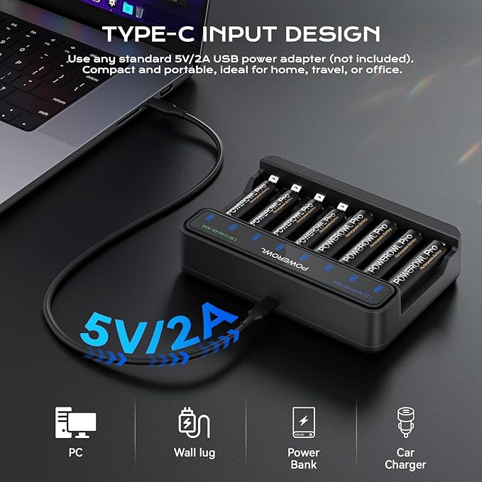 POWEROWL Smart Battery Charger for AA AAA Ni-MH/1.5V Lithium Rechargeable Batteries, Type-C Input, 8-Slot