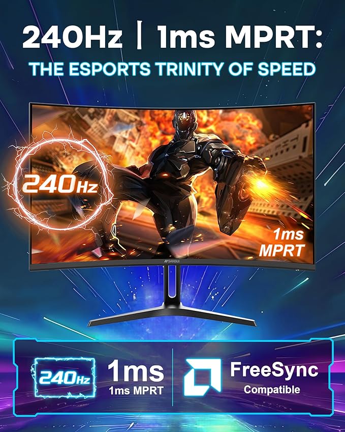 SANSUI 24 Inch Curved 240Hz Gaming Monitor FHD 1080P, 1500R Curve Computer Monitor, 124%sRGB, 3000:1 Contrast Ratio, HDR, FreeSync, MPRT 1Ms, Low Blue Light, HDMI DP ports.(ES-G24C1 PRO DP Cable Incl)