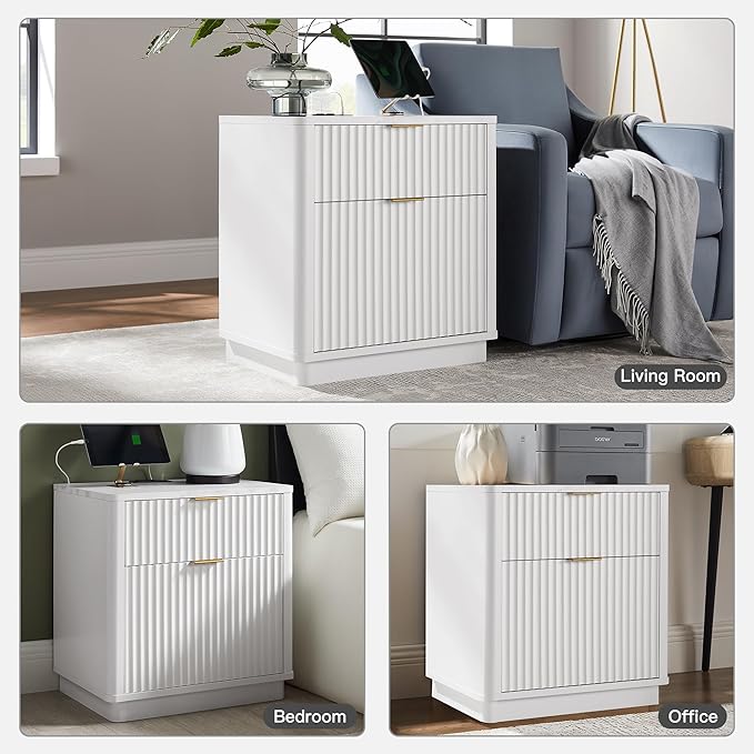 T4TREAM 23'' Fluted Nightstand with Charging Station, Large 2 Drawer Bedside Table, Modern End Table with Storage, Mid Century Night Stand for Bedroom, Living Room, Curved Profile, Solid White