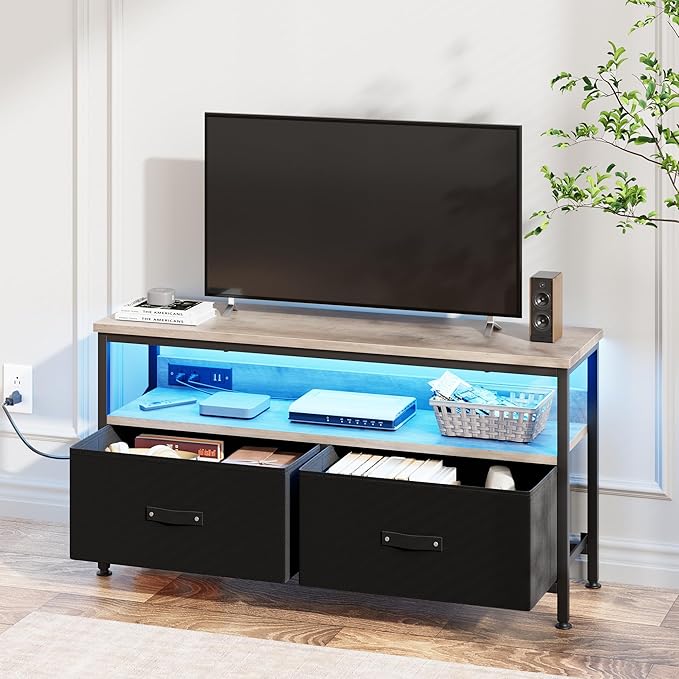 39" Dresser TV Stand for TVs up to 50", Media Console with LED Lights, Charging Station & 2 Drawer Storage Chest, Gaming Entertainment Center with Storage for Bedroom (Grey, 39 in)