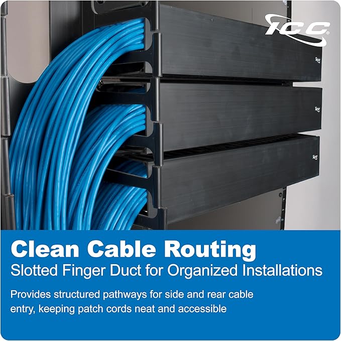 ICC 2U Finger Duct Cable Manager Panel with Cover, Plastic with Metal Back Frame, 3" Depth, Horizontal Cable Management, Rackmount for 19” Network Racks, Black, Single Pack
