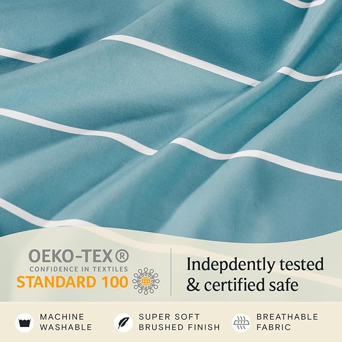 LuxClub 4 PC Full Sheet Set, Deep Pockets Wrinkle Free Cooling Bed Sheets Hotel Bedding for Women, Men, Includes 1 Fitted Sheet, 1 Flat Sheet and 2 Pillowcases-Striped - Light Blue