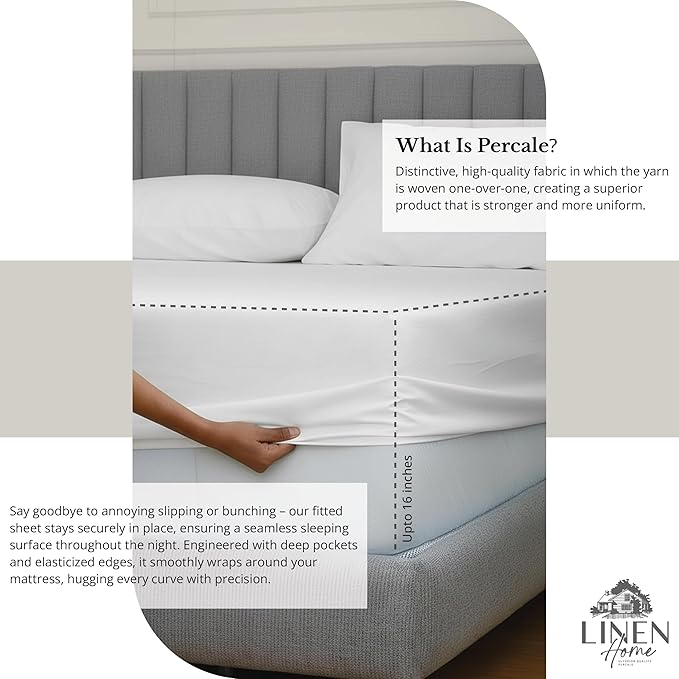 Linen Home 100% Cotton Percale Sheet Set, Twin Size, White, Deep Pocket, 4 Pieces Set - 1 Flat, 1 Deep Pocket Fitted Sheet and 2 Pillowcases, Crisp Cool and Strong Bed Linen