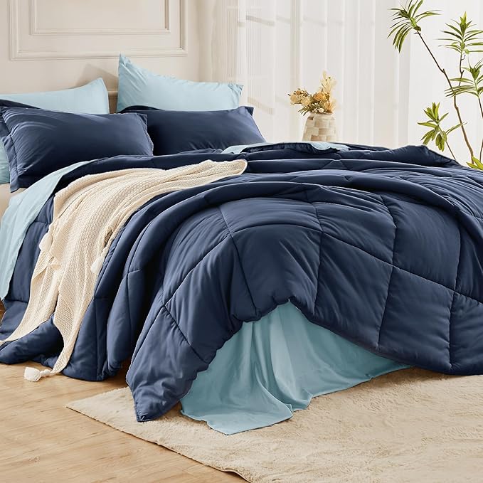 JOLLYVOGUE Twin XL Comforter Set, Ultra-Soft Bed in a Bag Twin XL Size 5 Pieces, Oeko-TEX Certified Bedding Set with Down Alternative Comforter, Sheets, Pillowcases & Shams, Navy & Light Blue