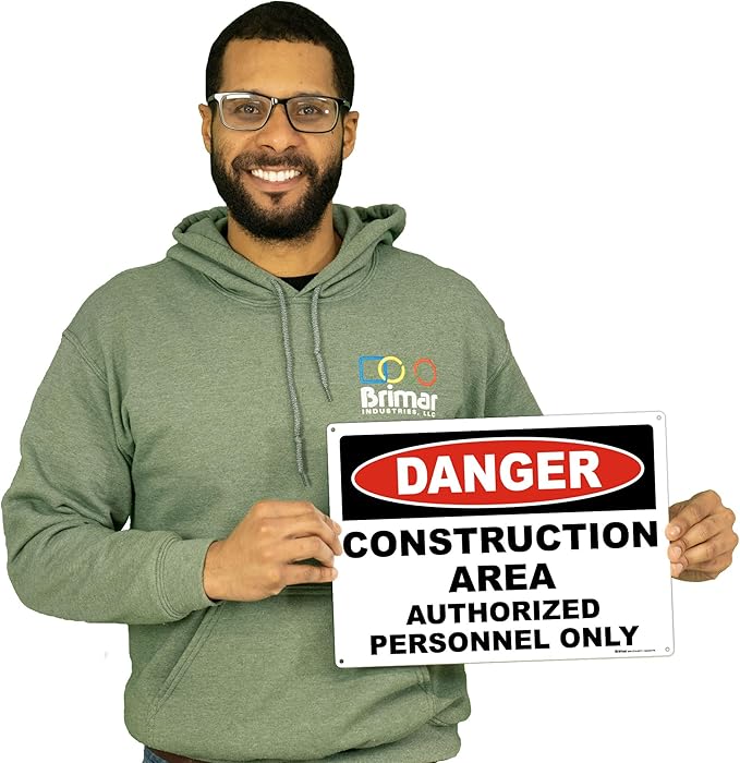 Brimar 14"x10" Danger Construction Area Safety Sign - Aluminum, Weatherproof, Clear Rules and Guidelines, Essential Safety Signage for Construction Sites.