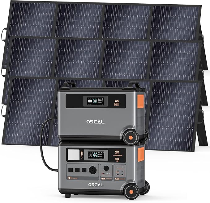 OSCAL 7200Wh Portable Power Station PowerMax 6000 with 3x400W Solar Panel, 120/240V Solar Generator, Max 6000W AC Outlets (9000W Peak), LiFePO4 Battery Power Station for Home, Camping, RV, Emergency