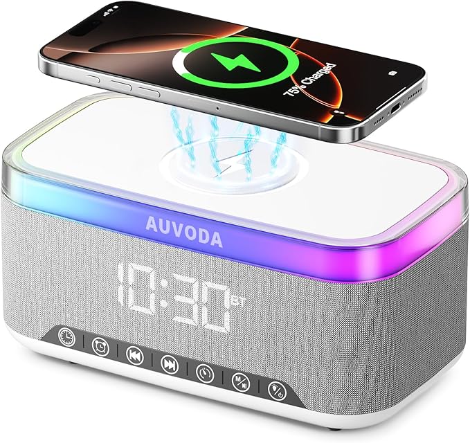 AUVODA S300 Portable Bluetooth Speaker with 15W Fast Wireless Charging, 13-Color Dimmable Night Light, White Noise, Alarm, FM Radio, 16W Stereo, BT5.3, TWS, for Home, Office, Bedroom (White)