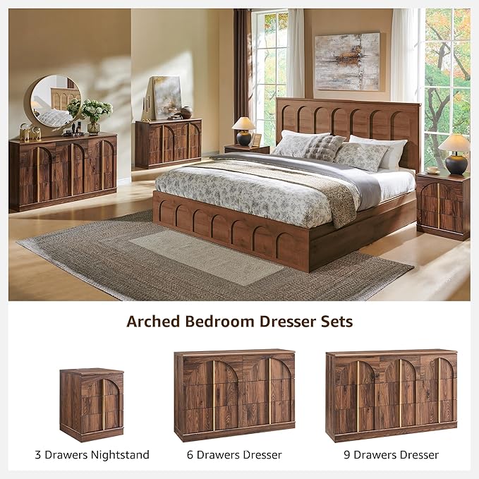 ACCOHOHO Arched Dresser for Bedroom with 6 Drawers, 47.3" Wide Modern Chest of Drawers with Rounded Edge & Metal Handles, Wood Storage Closet Dressers TV Stand for Living Room, Hallway, Brown
