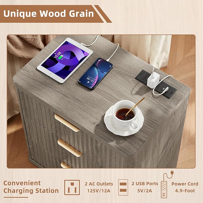 LEYAOYAO Fluted Dresser and 3 Drawers Nightstand Set of 2, Wood 48" Wide Dresser & 23" Night Stand with Charging Station, 3 Piece Bedroom Furniture Set, Chest of Drawers for Home,Living Room,Grey
