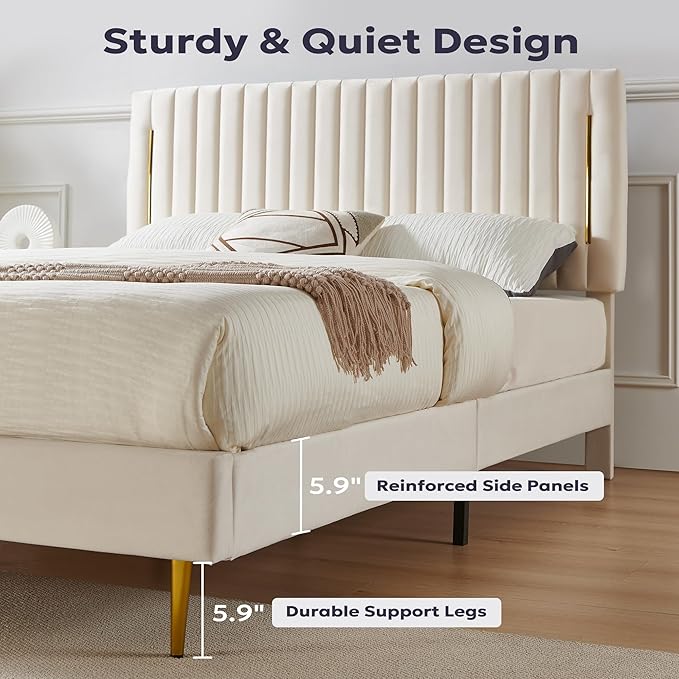 Twin Platform Bed Frame, Velvet Upholstered Bedframe with Vertical Channel Adjustable Headboard, Golden Plating Trim, Mattress Foundation with Wooden Slats, No Box Spring Needed, Beige