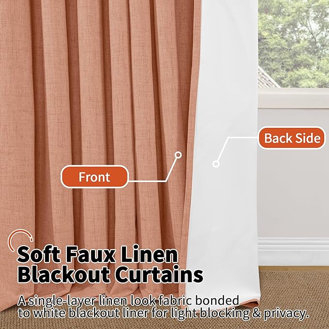 Linen Blackout Curtains for Bedroom Narrow Window, 38 Inch Wide Thermal Insulated Light Blocking Privacy Small Curtains for Basement Fall Living Room, 38x63 Inch 2 Panels, Terracotta
