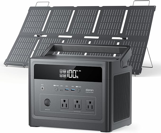 DaranEner Portable Power Station 600W with 100W Solar Panel, 576Wh LiFePO4 Solar Generator, 3 AC Outlets(1200W Surge), 100W USB-C PD, Fast Recharge for Camping, RV, Power Outage, Emergency Backup