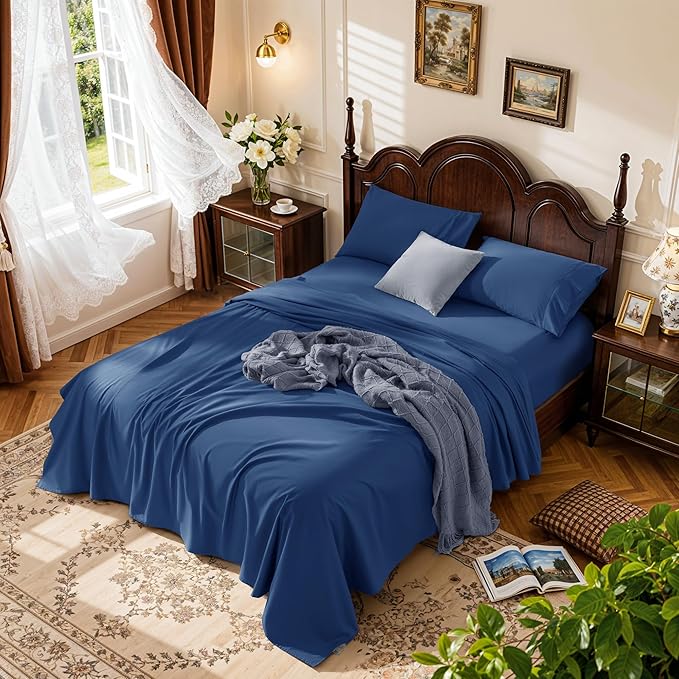 LBRO2M 1000 Thread Count 100% Cotton Sheets Set,King Size Bed Sheet 4 Piece Sets,Long Staple,16 Inches Deep Pocket,All Season,Bedding Super Soft Comforterble Breathable,Sateen (Navy Blue)
