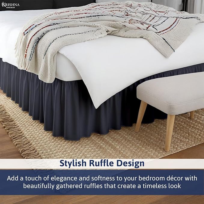 KRISHNA Ruffled Bed Skirt with Split Corners Twin, 100% Microfiber Hotel Quality, 18 Inch Drop Dust Ruffle Gathered Bedskirt with Platform, 39" x 75", Dark Grey