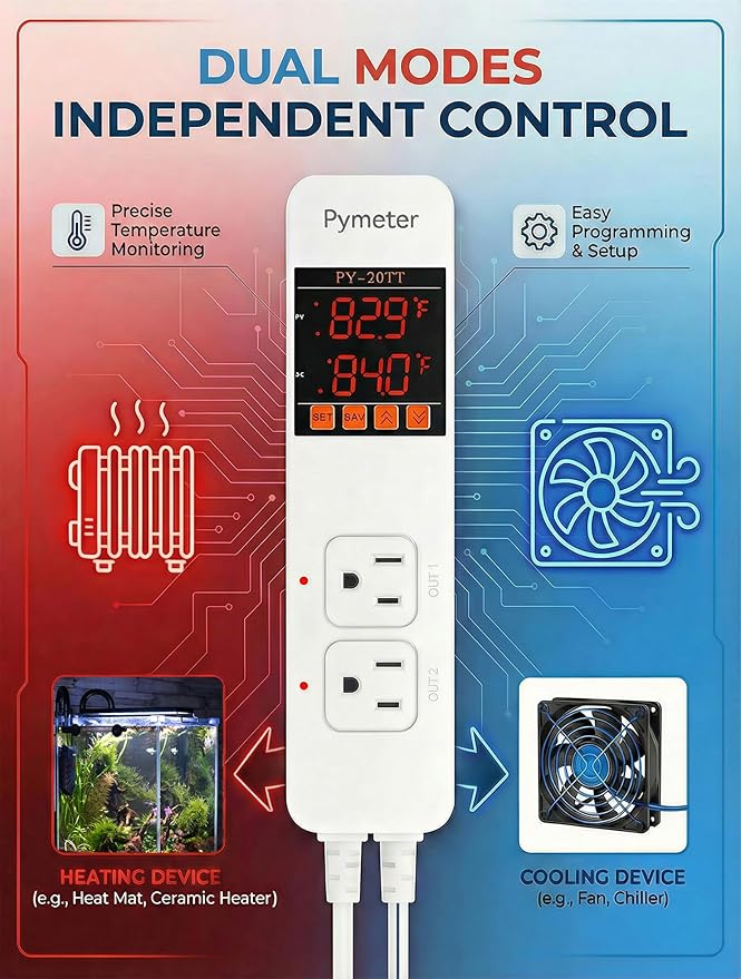 Pymeter 2 in 1 Digital Temperature Controller Dual Outlet Heat Mat Thermostat Reptile Greenhouse Heater Home Brewing Freezer Cooling Heating Pad Control 16A 1920W