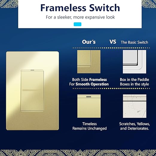 LIDER Minimalist Design Matte Finish Lighted Decorator Switch, Frameless Paddle Light Switch with Locator Light, Grounding Screw, 15A 125V, UL Listed, LS15-1P-GD5P, Gold, 5 Pack