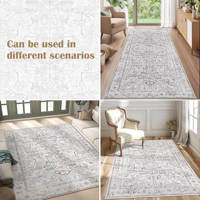 jinchan Lima Kitchen Runner Rug 3x10 - Vintage Floral Machine Washable Non-Slip Hallway Runner Rug with Rubber Backing Ultra-Thin Carpet for Bedroom Laundry Room Farmhouse (3x10ft, Taupe)